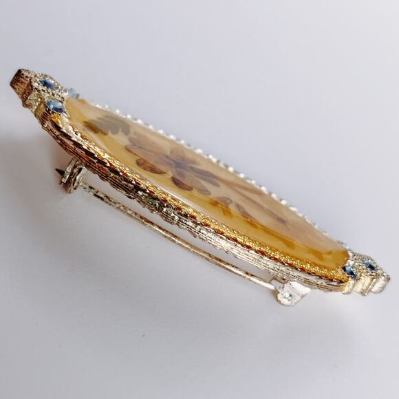 VTG 1950s Brooch Dried Flower Glass Rhinestones Lucite Navette Silver Tone Pin - Picture 10 of 11